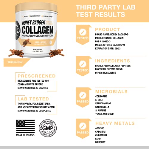 Honey Badger Collagen Peptides Powder | Keto Vanilla Chai Grass Fed Hydrolyzed Collagen Protein Coffee Creamer | Gluten Free, Natural, Non-GMO, Paleo | Skin, Hair, Nail, and Joint Health, 30 Servings