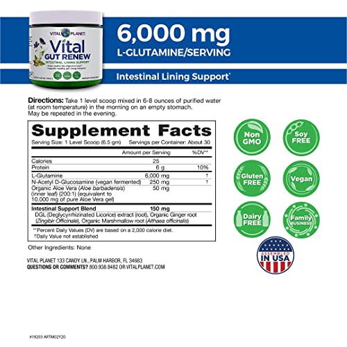 Vital Planet - Vital Gut Renew Powder Supplement Formulated with L-glutamine and Organic Aloe Vera for Intestinal Lining Support 6.88 oz