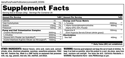 Animal Pump Pro Powder – Non Stimulant Preworkout – Pump & Cell volumization with Added Sea Salt for Electrolytes – 20 Servings - Strawberry Lemonade