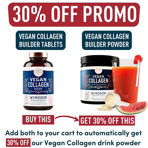 Vegan Collagen Builder Tablets by Windsor Botanicals - Non-GMO, Vegetarian, Plant-Based Supplement - Strengthens Skin, Hair, Nails and Joints - 30 Tablets