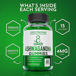 Ashwagandha Gummies - 1500MG Ashwagandha Per Serving - Relieves Stress, Improves Mood, Boosts Energy Levels & Strengthens Immune System - Formulated with Vitamin D & Zinc - Vegan - 60 Gummies