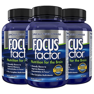 Focus Factor Nutrition for The Brain, Improved Memory & Concentration Supplement, Complete Multivitamin with Vitamins B6, B12, D, Bacopa Monnieri & Tyrosine, Original, 60 Count, Pack of 3