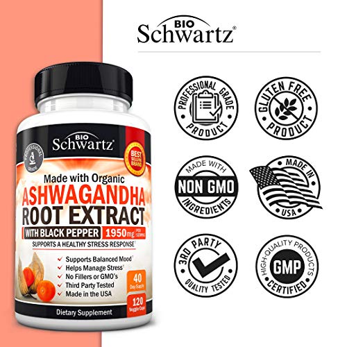 Ashwagandha Capsules 1950mg with Black Pepper for Enhanced Absorption for Women Men - Stress Relief Anxiety Focus Supplement - Organic Ashwagandha Root Extract for Adrenal Mood Thyroid Support -120ct