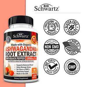 Ashwagandha Capsules 1950mg with Black Pepper for Enhanced Absorption for Women Men - Stress Relief Anxiety Focus Supplement - Organic Ashwagandha Root Extract for Adrenal Mood Thyroid Support -120ct