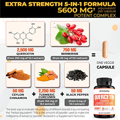 Quercetin Capsules with Berberine, Turmeric Curcumin - 5600mg Per Capsule - Supports Cardiovascular Health, Immune System - 60 Capsules - 2 Month Supply