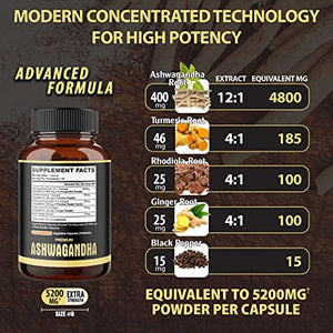 5in1 Premium Ashwagandha Capsules, High Extracted Capsule Equivalents to 5200mg Powder. Added Turmeric, Rhodiola Rosea, Ginger, Black Pepper. Strength and Spirit Support - 1Pack - 180 Caps - 6 Months