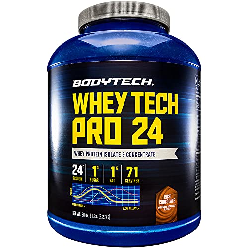 Whey Tech Pro 24 Protein Powder Protein Enzyme Blend with BCAAs to Fuel Muscle Growth Recovery, Ideal for PostWorkout Muscle Building Rich Chocolate (5 Pound) by BodyTech