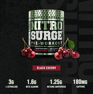 NITROSURGE Pre Workout Supplement - Endless Energy, Instant Strength Gains, Clear Focus, Intense Pumps - Nitric Oxide Booster & Powerful Preworkout Energy Powder - 30 Servings, Black Cherry