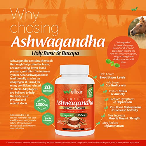 Wellixir Organic Ashwagandha Capsules - Root Powder Supplement, 10% Withanolides with Bacopa Extract & Holy Basil - Vegan & Gluten-Free Herbal Supplements for Stress, Mood Support - 1500mg, 120 Count