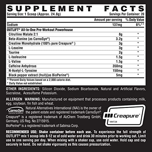 Nutrex Research Outlift Clinically Dosed Pre Workout Powder | Energy, Pumps, Citrulline, BCAA, Creatine, Beta-Alanine, Preworkout Supplement for Men and Women | Italian Ice Flavor 20 Servings