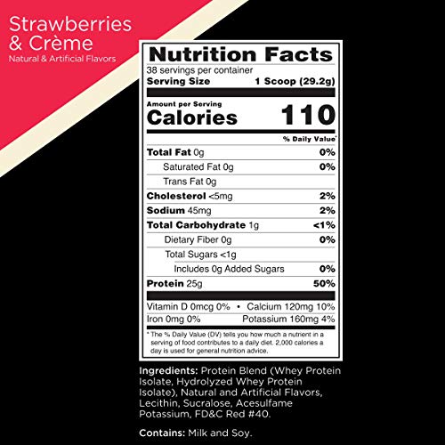 Rule One Proteins, R1 Protein - Strawberries and Crème, 25g Fast-Acting, Super-Pure 100% Isolate and Hydrolysate Protein Powder with 6g BCAAs for Muscle Growth and Recovery, 2.5 Pounds, 38 Servings
