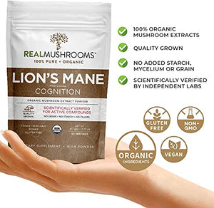 Real Mushrooms Lions Mane Powder (60 Servings) | Vegan, Gluten-Free, Organic Lions Mane Extract | Support Cognitive and Immune Health | Scientifically Verified for Active Compounds