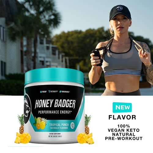 Honey Badger Pre Workout Powder | Vegan Keto Tropical Punch Preworkout | Natural Energy for Men & Women | Beta Alanine, Caffeine & Vitamin C for Immune Support | Sugar Free & Paleo | 30 Servings