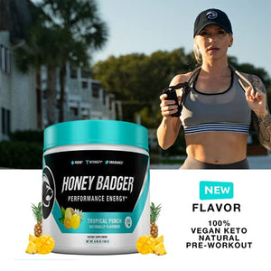 Honey Badger Pre Workout Powder | Vegan Keto Tropical Punch Preworkout | Natural Energy for Men & Women | Beta Alanine, Caffeine & Vitamin C for Immune Support | Sugar Free & Paleo | 30 Servings