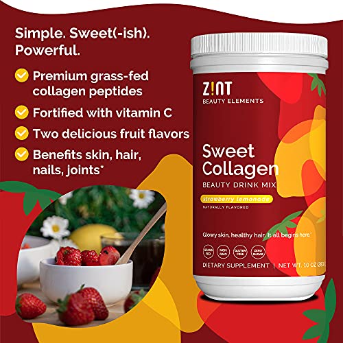 Zint Sweet Collagen Powder Beauty Drink Mix (Strawberry Lemonade): Delicious Hydrolyzed Collagen Peptides Protein Supplement - Grass-Fed, Zero Sugar, Non-GMO, Gluten-Free, 10 oz