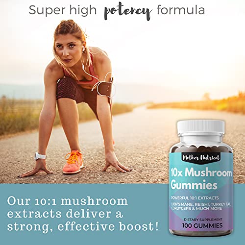 Mushroom Supplement Gummies w/10x Mushroom Powder by Mother Nutrient. Lions Mane Mushroom Complex Supplement, Shiitake Mushrooms, Cordyceps, Chaga & Reishi Mushroom Gummies for Energy, Focus, Immunity