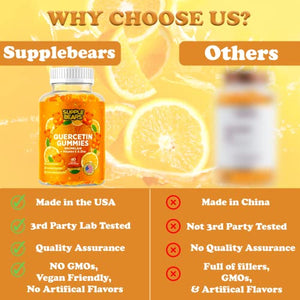 Supplebears Quercetin with Bromelain Gummies - Vitamin C + Zinc & Vitamin D3 – Extra Strength Immune Support Booster for Kids and Adults - 60 Quercetin Gummies - Made in The USA
