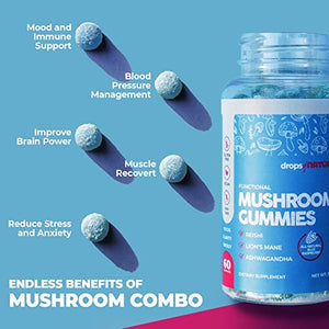 Mushroom Gummies - Ashwagandha Gummies, Lion’s Mane, Reishi, L-Theanine 2 Pack, Mushroom Powder Supplement Supports Immune Defense, Boosts Cognitive Performance, Vegan, 120 Gummy Chews