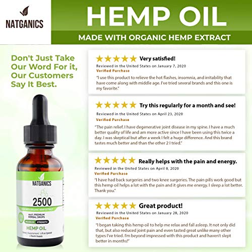 Organic Hemp Oil Drops 2500mg- Ultra Premium Hemp Oil Extract- Hemp Oil 2500mg- Pain Relief Anti- Inflammatory, Joint Support, Stress, Anxiety & Mood Relief. Sleep Aid. Skin & Hair Care. Made in USA