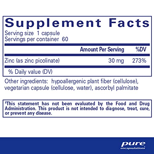 Pure Encapsulations Zinc 30 mg | Zinc Picolinate Supplement for Immune System Support, Growth and Development, Wound Healing, Prostate, and Reproductive Health* | 60 Capsules