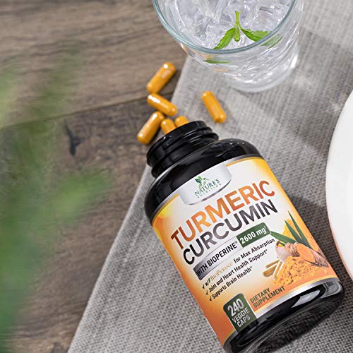 Turmeric Curcumin with Bioperine 95% Curcuminoids 2600mg with Black Pepper for Best Absorption, Made in USA, Best Vegan Joint Support, Turmeric Supplement Pills by Natures Nutrition - 240 Capsules