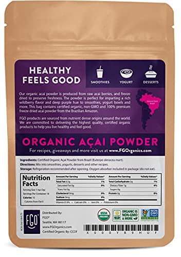 Organic ACAI Powder (Freeze-Dried) | 2oz Resealable Kraft Bag | 100% Raw Superfood Berry From Brazil | by FGO