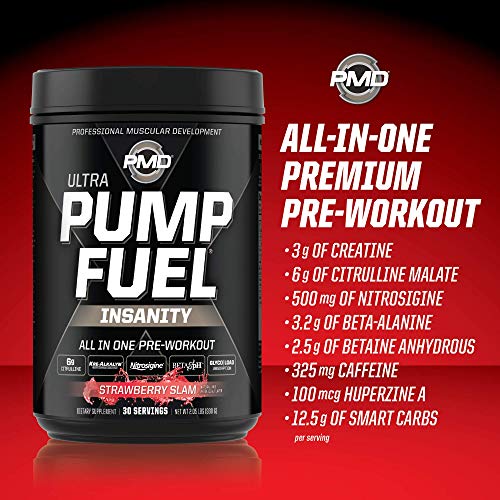 PMD Sports Ultra Pump Fuel Insanity - Pre Workout Drink Mix for Energy, Strength, Endurance, Muscle Pumps and Recovery - Complex Carbohydrates and Amino Energy - Strawberry Slam (30 Servings)