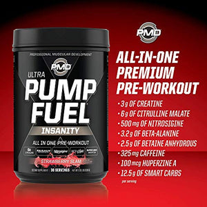 PMD Sports Ultra Pump Fuel Insanity - Pre Workout Drink Mix for Energy, Strength, Endurance, Muscle Pumps and Recovery - Complex Carbohydrates and Amino Energy - Strawberry Slam (30 Servings)