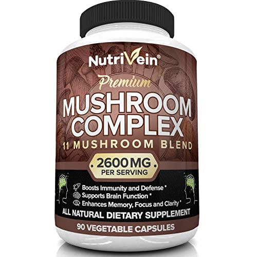 Nutrivein Mushroom Supplement 2600mg - 90 Capsules - 11 Organic Mushrooms - Lions Mane, Cordyceps, Chaga, Reishi, Turkey Tail, Maitake, Shiitake, Agaricus, White Button, Oyster - Nootropic Brain Pills