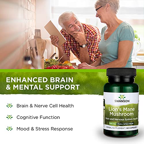 Swanson Lion's Mane Mushroom Memory Support Mental Focus Brain Booster Herbal Supplement Hericium Erinaceus (Mycelium Biomass) 500 mg 60 Capsules (3 Pack)