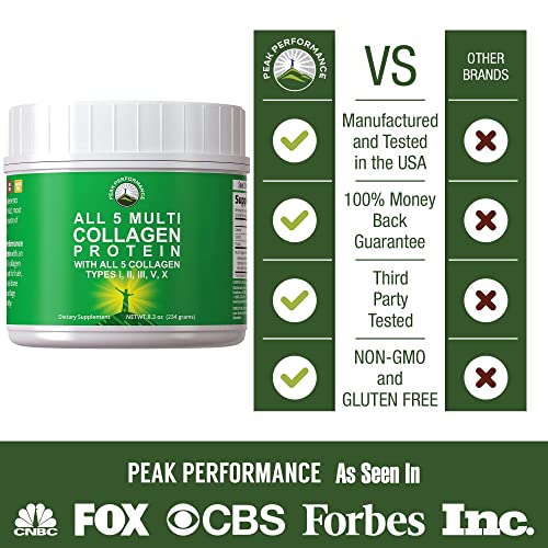 All 5 Multi-Collagen Protein Powder Peptides by Peak Performance. Multi-Collagen Contains All Types I, II, III,V, X. Keto, Paleo Friendly with Hydrolyzed Bovine, Marine, Chicken, Bone Broth Collagens