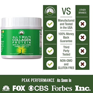 All 5 Multi-Collagen Protein Powder Peptides by Peak Performance. Multi-Collagen Contains All Types I, II, III,V, X. Keto, Paleo Friendly with Hydrolyzed Bovine, Marine, Chicken, Bone Broth Collagens