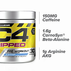 C4 Ripped Pre Workout Powder ICY Blue Razz | Creatine Free + Sugar Free Preworkout Energy Supplement for Men & Women | 150mg Caffeine + Beta Alanine + Weight Loss | 30 Servings