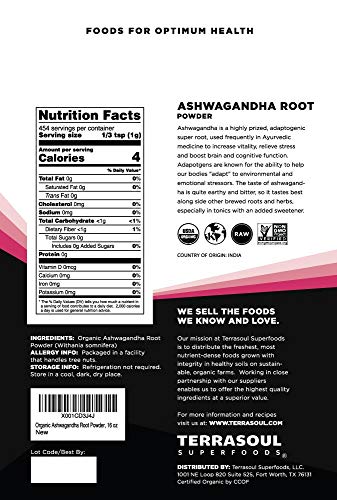 Terrasoul Superfoods Organic Ashwagandha Root Powder, 1 Lb - Stress Adaptogen | May Improve Sleep | Lab-Tested for Quality