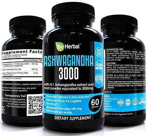 BE HERBAL Premium Organic Ashwagandha 3000mg with BioPerine - Stress Relief, Anti Anxiety, Cortisol Manager and Adrenal Support Supplement (60 Count)