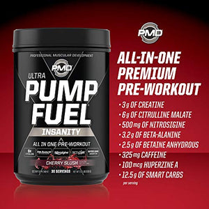 PMD Sports Ultra Pump Fuel Insanity - Pre Workout Drink Mix for Energy, Strength, Endurance, Muscle Pumps and Recovery - Complex Carbohydrates and Amino Energy - Cherry Slush (30 Servings)