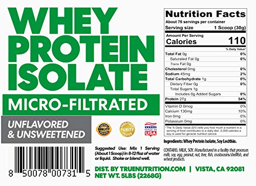 5LBS Unflavored Whey Protein Isolate Protein Powder (Micro-Filtrated) - High Protein, Low Carb, Low Fat - Customize Your Protein with Two Free TrueBoost or TrueFlavor Protein Shake Enhancements