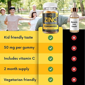 Zinc 50mg Gummies - 2 Month Supply - Chewable Zinc Supplements for Adults & Kids + Vitamin C - Great Tasting Gummy, Immune Support Supplement - Powerful Multivitamin Antioxidant (50mg Per Gummy)