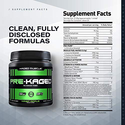 Pre Workout Powder; KAGED MUSCLE Preworkout for Men & Pre Workout Women, Delivers Intense Workout Energy, Focus & Pumps; One of the Highest Rated Pre-Workout Supplements, Krisp Apple, Natural Flavors