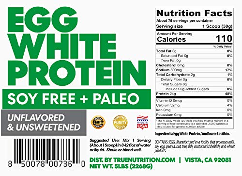 5LBS Unflavored Egg White Protein Powder - Low Carb, Paleo, Keto, Carnivore, Lactose-Free, Gluten-Free - Customize Your Protein with Two Free TrueBoost or TrueFlavor Protein Shake Enhancements