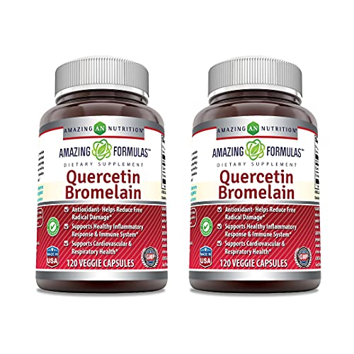 Amazing Nutrition Quercetin 800 Mg with Bromelain 165 Mg Veggie Capsules - Anti-oxidant and Anti-inflammatory Properties - Supports Heart, Joints and Respiratory Health (120 Count (Pack of 2))