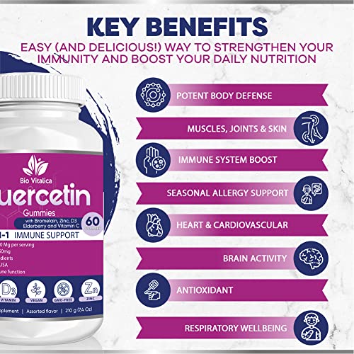 Quercetin Gummies by BioVitalica - Quercetin with Bromelain Vitamin C and Zinc & Elderberry + Vitamin D3 - 5 in 1 Immune Support - Zinc Quercetin 750 mg for Kids and Adults (2)