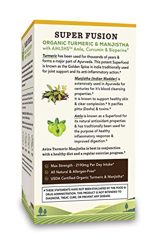 Avira Organic Turmeric Manjistha – Super Fusion with Neem, Amla, Curcumin & Bioperine, for Skin Health & Natural Complexion, Enhanced Absorption, Non-GMO, Max Strength-2190mg Per Day Intake