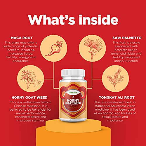 Pure Horny Goat Weed Extract with Maca Powder – Immune Support – Helps Increase Drive and Stamina – Booster for Men and Women Tongkat Ali Plus L-Arginine Increases Energy – 60 Capsules