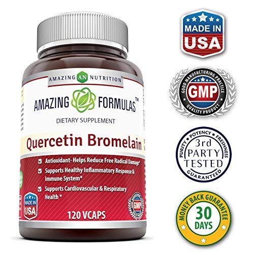 Amazing Nutrition- Quercetin 800 Mg with Bromelain 165 Mg, 120 Vcaps: A Potent Team Providing Amazing Health Benefits. Anti-oxidant and Anti-inflammatory Properties. Supports Heart Health, Joint Health, Energy Production, Respiratory Health, Inflammatory