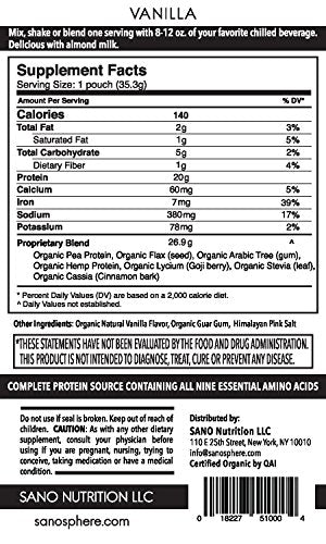 SANO Organic Vanilla Bean Plant Based Protein Powder, Vegan, Keto Friendly, Low Net Carbs, Non Dairy, Gluten Free, Sugar Free, Lactose Free, Soy Free, Non-GMO, 28 Single Serving Packets