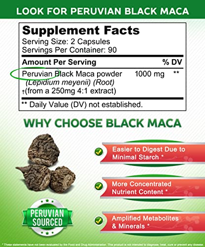 Black Maca Root - 180 Capsules - Max Strength 1000mg Per Serving - Gelatinized Maca Root Extract Supplement from Peru - Natural Pills to Support Health & Pure Energy - Non-GMO