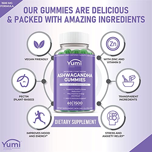 Ashwagandha Gummies Supplements w/ Zinc Vitamin D for Stress Relief, Adrenal Health, Mood Enhancer & Thyroid Support Compare to Capsules Tablets Pills Liquid - 60 Vegan Plant Based - Cherry Flavor