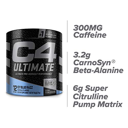 Cellucor C4 Ultimate Pre Workout Powder ICY Blue Razz | Sugar Free Preworkout Energy Supplement for Men & Women | 300mg Caffeine + 3.2g Beta Alanine + 2 Patented Creatines | 12 Servings, 6.7726 Ounce