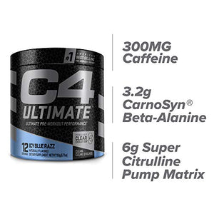 Cellucor C4 Ultimate Pre Workout Powder ICY Blue Razz | Sugar Free Preworkout Energy Supplement for Men & Women | 300mg Caffeine + 3.2g Beta Alanine + 2 Patented Creatines | 12 Servings, 6.7726 Ounce